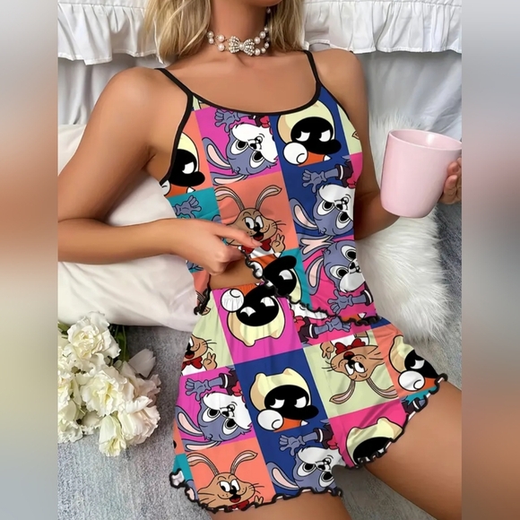 boutique Other - NEW Cartoon Bunny Colorful Character‎ Print Patchwork Pajama Short M Set